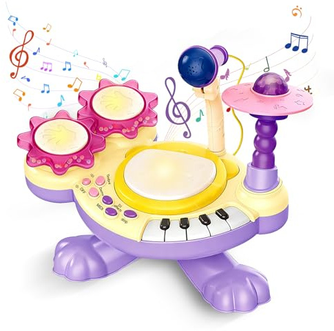 Tambor Infantil 3 Años, Batería Niños con Palmas con Música, Luces, Micrófono y Teclas de Piano, Educación Temprana Batería Instrumentos Musicales Juguete Navidad Regalo (Morado)