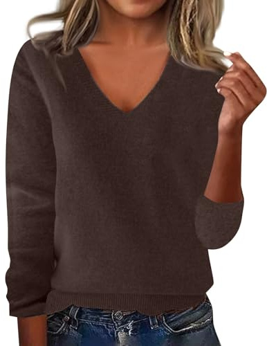 Womens Winter Jumpers Women Cashmere Jumpers V Neck Long Sleeve Solid Color Pullover with Ladies A Base Shirt Autumn Winter Loose Warm Sweater Jumper for Womens UK Brown L