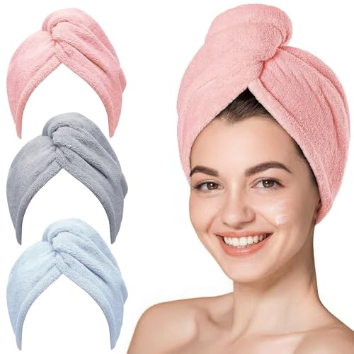 KU 3 Pezzi Asciugamano Microfibra, Turbante Asciugacapelli, Super Assorbente ad Asciugatura Rapida, Cura dei Capelli，Ideale per Donne&Bambini Capelli Lunghi, Corti, Ricci (Grigio Rosa Blu)