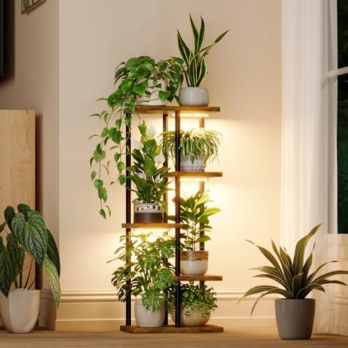 Bamworld Mensola per piante con luce crescente per piante da interno, angolo a 5 livelli, supporto per piante in metallo, supporto per fiori in legno per casa, soggiorno, decorazione patio