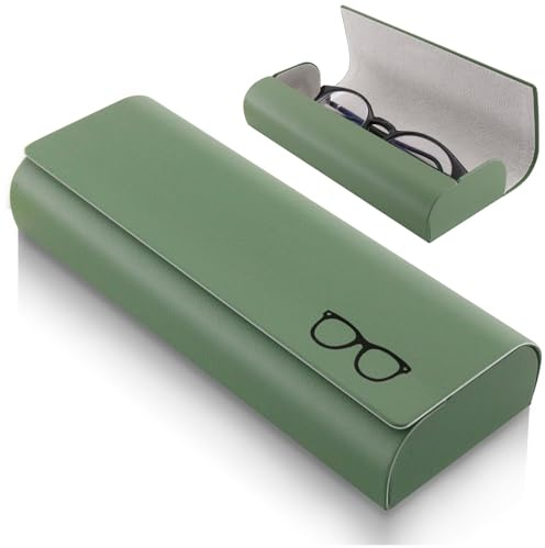 chuanhylis Funda Gafas Rigida, Pu Cuero Fundas Gafas Duro, ProteccióN Retro Neutral Estuche Anteojos con Cierre MagnéTico, para Hombres Mujeres Niños (Vert Olive)