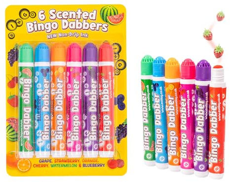 evelay Scented Bingo Dabbers 6-Pack – Assorted Colours & Fruity Scents | Non-Drip Felt Tip Bingo Markers for Adults & Kids | Long-Lasting Ink, Smooth Flow, Fun Gift Idea
