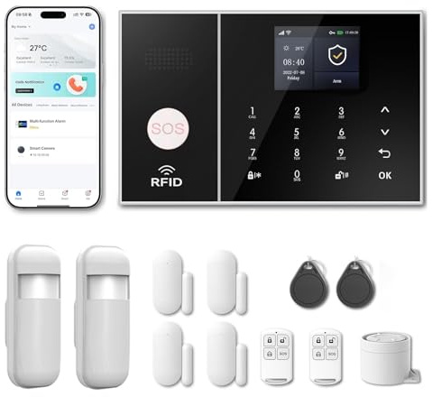 Alarmanlage Haus & Wohnung mit WiFi + 4G GSM, Smart Life App, Telefon- & SMS-Alarm, erweiterbares Funk-Alarmsystem mit Alexa & Google Assistant (12-teiliges Set)