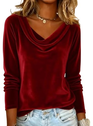 Maglia da donna in velluto con scollo a cascata a maniche lunghe, elegante, tinta unita, comodi top a maniche lunghe, basic, morbida, con glitter, blusa alla moda, magliette a maniche lunghe, 01-rosso