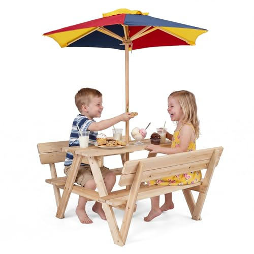 COSTWAY Table de Pique-Nique Enfant avec Parasol Amovible et Réglable, Salon de Jardin en Bois Sapin avec 2 Bancs, Table Extérieur Enfant pour Jardin Terrasse Patio pour 4 Enfants de 3-8 Ans