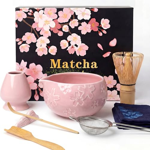Dazhtu 8 pezzi Matcha Kit, Matcha Set tradizionale in ceramica con Frusta Matcha, Ciotola, Cucchiaio, Filtro, Supporto, Kit Matcha completo, Elegante Set per Amanti del Matcha, Rosa