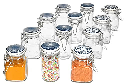 MamboCat - Set di 12 barattoli con chiusura a leva, 90 ml, Royal I, versatili vasetti per spezie, rettangolari e rotondi, con coperchio in porcellana, motivo retrò blu e bianco