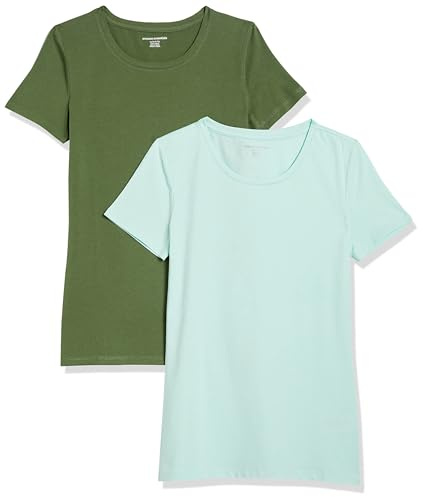 Amazon Essentials Women's Regular-Fit Short-Sleeve T-Shirt (Crewneck and V-Neck Options), Pack of 2, Military Green/Mint Green, M