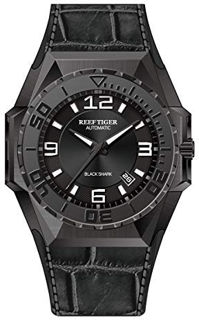 REEF TIGER Herren Uhr PVD analog Automatik mit Leder Armband RGA6903 (RGA6903-BBB)