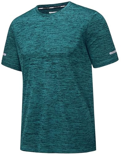 MAGCOMSEN Herren Meliert Sport T-Shirts Schnelltrocknend Funktionsshirts mit Reflektorstreifen Atmungsaktiv Wandershirt Leicht Trainingsshirt Ohne Etiketten Jadegrün XL