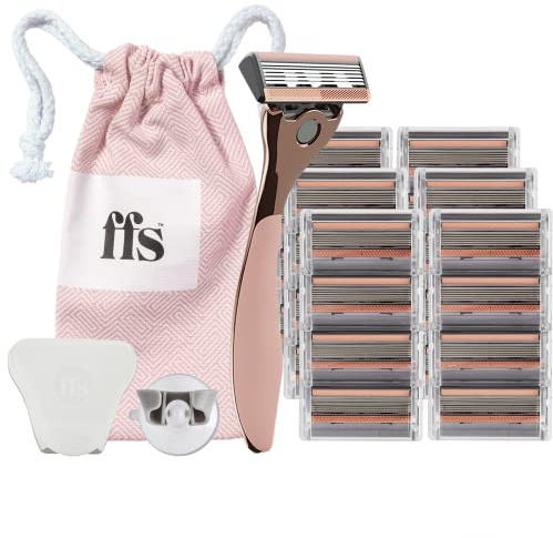 FFS Beauty Rose Shaving Set for Women 9-12 Month's Supply – Premium Rose Razor Handle, 24 SmoothGlide 6-Blade Cartridges, Shower Holder, Travel Pouch, Clamshell Protector