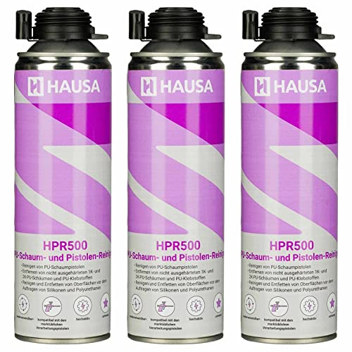 HAUSA Detergente per pistola in poliuretano HPR500, 3 x 500 ml, altamente attivo per pistole a schiuma, valvola adattatore, per rimuovere schiuma PU fresca, sgrassare superfici metalliche, testina