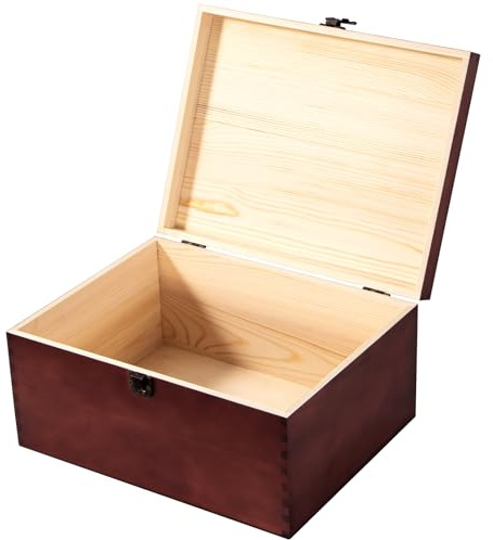 Useekoo Vintage Wooden Storage Box Container with Hinged Lid Front Clasp, 12'' x 9.3'' x 5.9'' Large Keepsake Box, Rustic Wood Boxes for Crafts Art Hobbies and Home Decoration - Reddish Brown