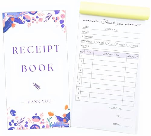Thank You Receipt Book for Small Businesses 4x7 inches 2-Part Carbonless White Yellow 50 Sets 100 Sheets per Book with Wrap Around Cover Blank Signature Stamp Section (1 Purple)