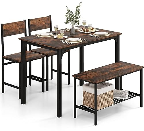 COSTWAY Dining Table and 2 Chair Set with 1 Bench, 4 Pieces Industrial Gathering Bench Set with Storage Rack, Metal Frame Dining Room Furniture for Home Kitchen Restaurant (Rustic Brown)