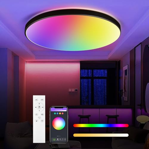 SILAMPDI Plafon LED 24W RGB Luz Inteligente Alexa, WIFI, APP Remote Control, IP44 Impermeable Luces Techo 1700LM 3000K-6500K Lampara Techo Regulable para Salon, Dormitorio, Cocina, Ø32CM(Negro)