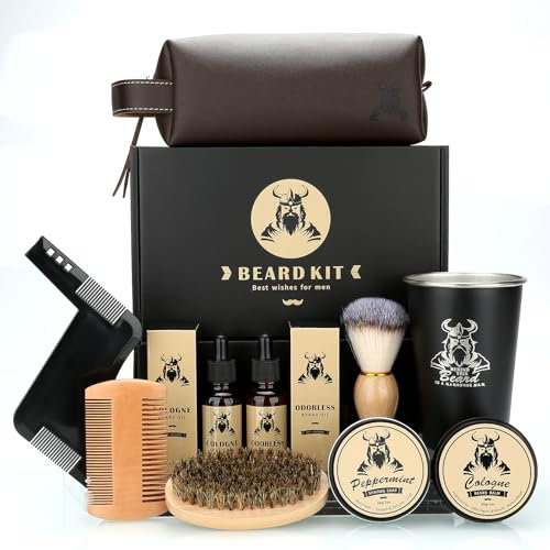 EXREIZSTBartpflege Set für männer, Bartpflege Set,mit 2 Bartöl BartbalsamBartkammBartbürsteBartschablonenTassenReisetasche,geeignet für Geburtstagsgeschenkefür Männer Ihn Vater Ehemann Bruder Freund