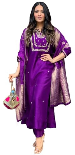 GoSriKi Women's Straight Embroidered Rayon Blend Kurta with Pants and Dupatta, Begani, Medium