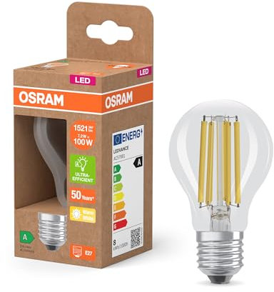 Osram Lampada LED LED Superstar Classic A 100 nella forma classica della lampadina, corpo in vetro trasparente, 7,2 W, 1521 lm, attacco E27, 2700 K per luce bianca calda, EEK A, diametro 60 mm.