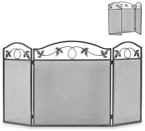 HOMFME 3 Panel Folding Fire Screen Protector, Heavy Duty Iron Fire Panel with Leaves Pattern, Freestanding Spark Flame Barrier Mesh Safety Fire Place Guard for Coal Firing, Stoves, Grills