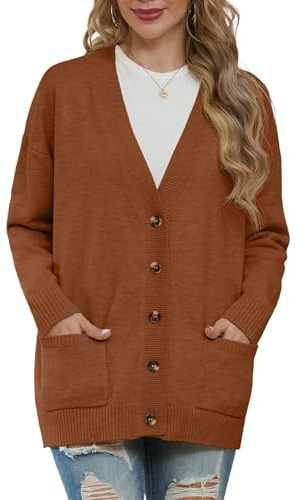 GRECERELLE Cardigans for Women UK Long Sleeve Lightweight Cardigan Ribbed Knit Button Down V Neck Outerwear Tops with Pocket (Pumpkin, XL)
