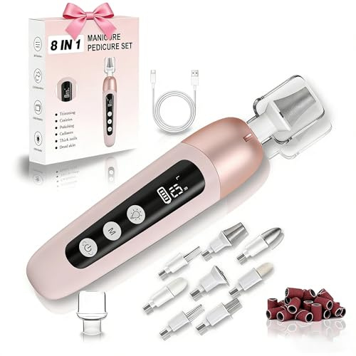 Atopskins Electric Nail Drill Cordless Nail File Professional Manicure Pedicure Kit, 9 in 1 Hand Foot Rechargeable Care Tool, 10 Speeds Electric Nail File Grinder for Thick Toenail Trim Polish Pink