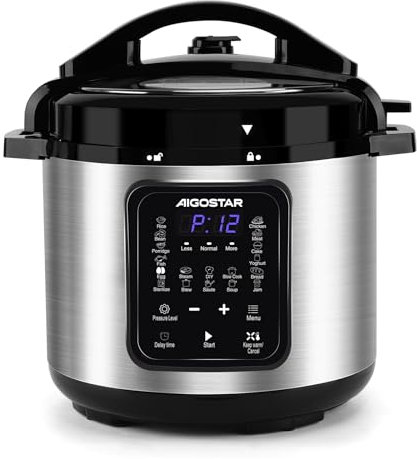 Aigostar Pentola a pressione elettrica 18-in-1 Pressure Cooker, 6 Litri Pentola Programmabile 24 ore, 3 pressioni, 1000W Pannello LED Multicooker per Yogurt, Cuoci, Riso, Slow Cooker, Sauté, 1000W