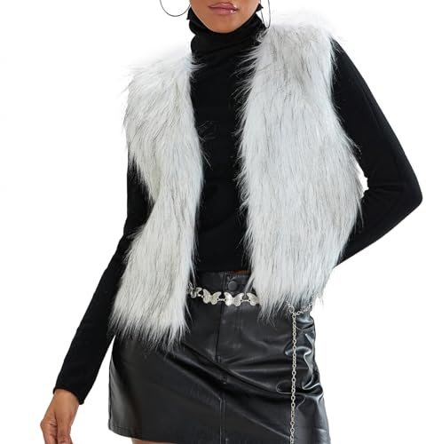 YILEEGOO Women's Faux Fur Waistcoat Vest Fuzzy Sleeveless Open Front Outwear Winter Warm Short Fluzzy Vest Jacket Coat (Light Grey, S)