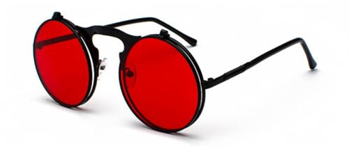 qinqilanqi-S Occhiali da sole steampunk flip up in metallo retrò per uomini e donne, montatura rotonda occhiali da sole per moda, Nero/rosso oceano