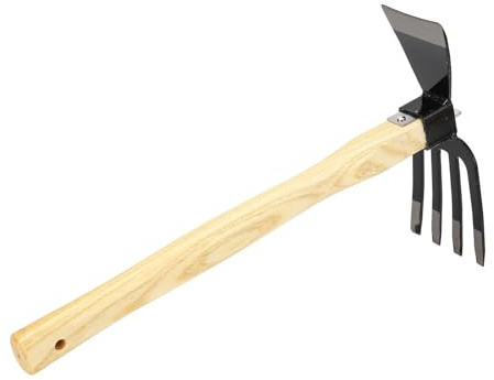 Azada y Rastrillo Manual de Jardin con Mango de Madera y Acero al Carbono para Deshierbe Cosecha Excavacion y Plantacion en Huertos y Granjas