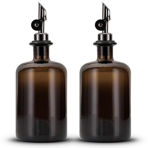 Koffs Design Lot de 2 bouteilles d'huile à remplir – Distributeur d'huile moderne en verre marron avec bec verseur en acier inoxydable – Distributeur d'huile et de vinaigre – Bouteilles imprimables