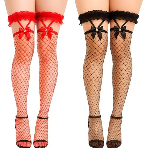 YREYBN 2 Pairs Fishnet Stockings, Sexy Fish Net Tights for Women, Party Stockings and Suspenders Lingerie Sets, Red and Black Stockings for Nightclub, Beach, Stage Performance
