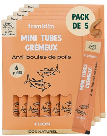 FRANKLIN – Tube Crémeux Chat – Creamy Snack Thon – Texture Crémeuse et Onctueuse – Ingrédients 100% Naturelles – Faible en Calories – Anti-Boules de Poils – 30 Tubes x 15g