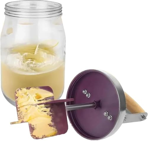 Batidora de mantequilla con manivela, máquina for hacer mantequilla lavable, con tarro de vidrio y mango de madera, paleta de acero inoxidable, for hornear en casa, cocina, restaurante(1500ml)