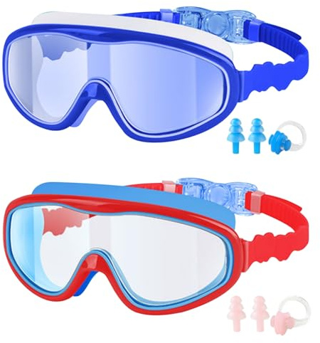 HTTDSLF Gafas de Natación para Niños, Gafas de Buceo para Niños de 3 a 15 Años, Antivaho & Impermeables, Clip Nasal + Tapones para los Oídos, para Niños y Niñas (Rojo y Azul)