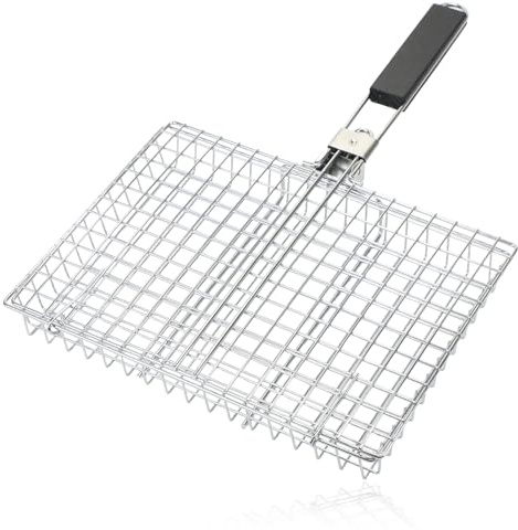 SPARES2GO Djup grillkorg med fällbart trähandtag rostfritt stål lock för kyckling fisk grillning grönsaker och kött utomhus matlagning eldstad 3,3 cm kapacitet (33 mm)
