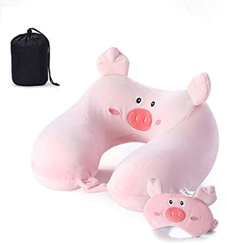 GLITZFAS Memory Foam Reisekissen Kinder Nackenkissen Niedliche Tierform Nackenhörnchen Kopfstütze Baby Reise Schlafkissen mit Augenabdeckung Aufbewahrungstasche (Schwein)