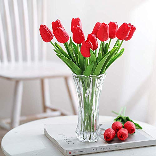 Kisflower 30Pcs Künstliche Tulpen Latex Tulpen Blumen Gefälschter Tulpenstrauß Echte Berührungsblumen für Dekor (Rot)