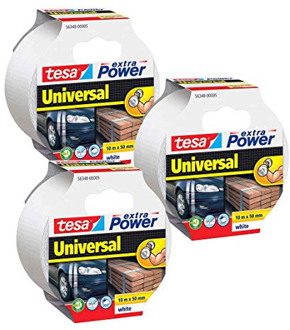 tesa extra Power Universal Gewebeband - 10 m x 50 mm (3 Rollen - Weiß)