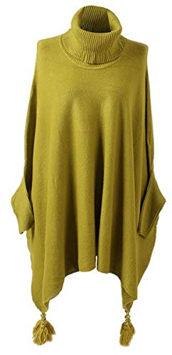 Storm Island Italian Plain Ladies Poncho Cowl Neck Batwing Sleeves Tassels Knitted Tunic (Lime, One Size: (UK Fit 18-32))