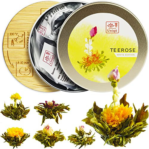 Teeblumen Geschenkset mit 6 Teerosen, Weißer Tee handgebunden mit Blüten, inkl. Bamboo Untersetzer | Originelles Tee Geschenk für Frauen, Teeset für Teeliebhaber