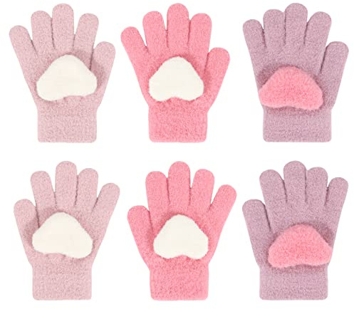 QKURT 3 par barn vinter stickade handskar barn tjock varm fleece sött hjärta stretch magisk handske för flickor pojkar ålder 3-7 år, a, 3-7 År