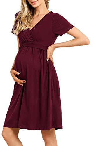 KOJOOIN Robe de maternité à col en V pour Femme Robe de maternité plissée décontractée,Vin Rouge (Manches Courtes),XL