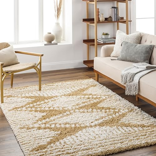 Livabliss Tuzla Shaggy Berber - Flauschiger groß für Wohnzimmer, Esszimmer, Schlafzimmer, Langflor Hochflor e flauschig - 160x220 cm, Wohnzimmer in Senfgelb und Weiß