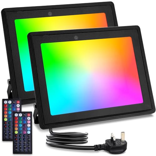 Aigostar LED Floodlight Outdoor 50W 5000LM, Colour Changing Flood Lights Dimmable, RGB Outdoor Lights Mains Powered with Remote Control, Timing, 6 Modes, IP65 Waterproof, UK 3-Plug, 2 Pack