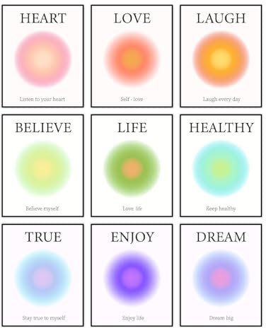 ORIGACH Positive Aura Poster für Zimmer, Ästhetisch Buntes Wandkunst Set von 9, 20 x 25 cm, Herz, Liebe, Lachen, Glauben, Leben, ungerahmte Leinwanddrucke für Badezimmer, Wanddekoration