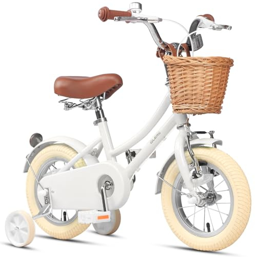 Glerc 12 Pouces Enfants Filles vélo pour 3 4 5 Ans Petites Filles rétro Style Vintage vélos avec Panier Roues de Formation et de la Cloche, Blanc
