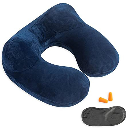 Makimoo Oreiller de voyage gonflable, coussin de nuque pour voyage, avion, voiture et bureau avec sac de transport compact, housse en velours doux lavable, idéal pour les dormeurs adultes (bleu)