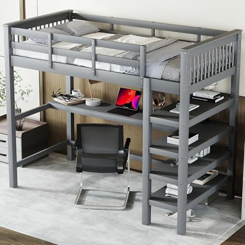 KecDuey Cama alta con somier de láminas de madera, con escaleras, estantes y escritorio bajo la cama (gris, 90 x 200 cm)