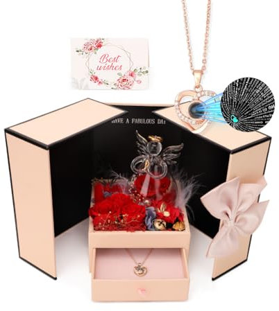 Konserviertes Rosen Geschenk Set enthält Engel aus Glas Echte Rosen 925 Sterling Silber Halskette mit Ich Liebe Dich in 100 Sprachen, Überraschung Box für Frauen Geschenk Hochzeitstag, Mama Geburtstag
